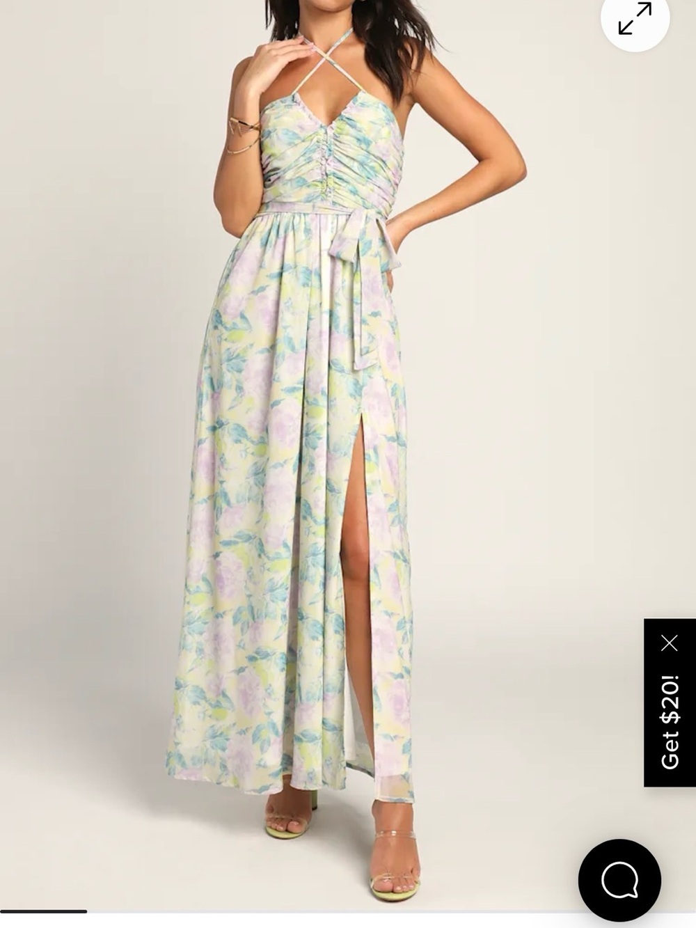 Lulu's Pastel Floral Halter Crisscross Ruched Maxi Dress